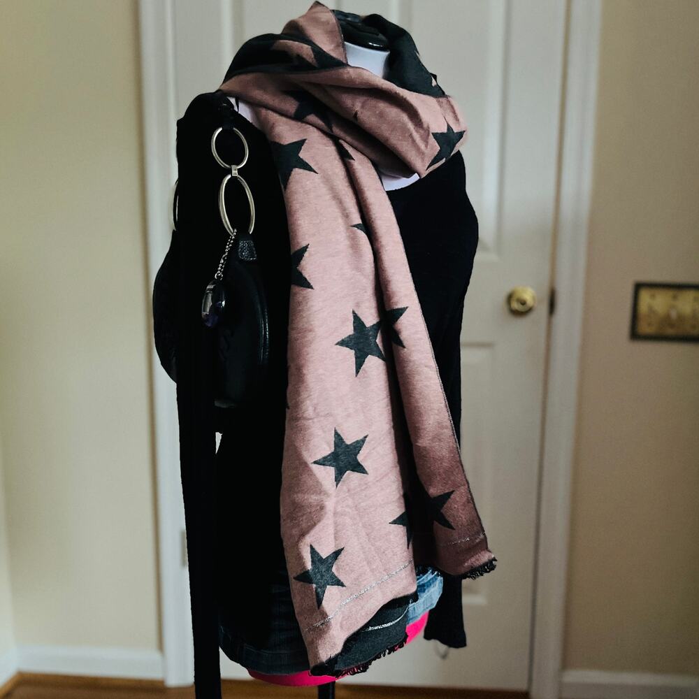 Ann Taylor | Pink + Dark Gray Reversible Star Print Metallic Scarf
